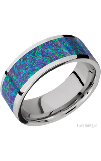 8 mm wide/Flat/Cobalt Chrome band with one 6 mm Centered inlay of Blue Green Opal.