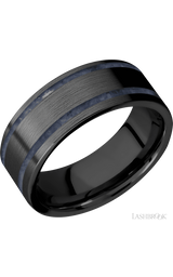 8 mm wide/Flat/Zirconium band with two 1 mm Wide inlays of Sodalite.