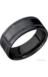 8 mm wide/Flat/Zirconium band with two 1 mm Wide inlays of Sodalite.