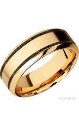 8 mm wide/High Bevel/14K Yellow Gold band with two 1 mm Wide inlays of Gold Tiger Eye.