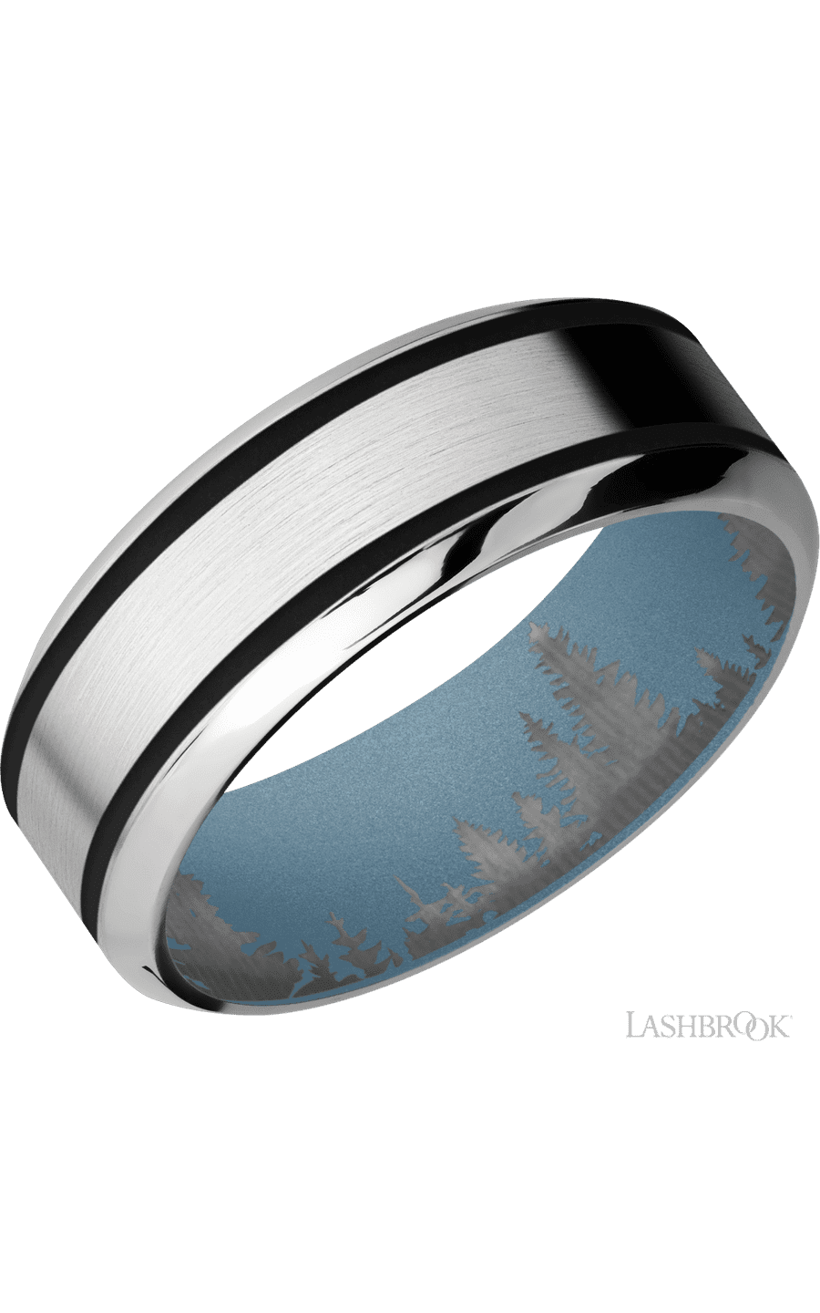 8 mm wide/High Bevel/Cobalt Chrome band with two 1 mm Wide inlays of Black also featuring a Polar Blue sleeve.