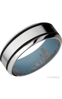 8 mm wide/High Bevel/Cobalt Chrome band with two 1 mm Wide inlays of Black also featuring a Polar Blue sleeve.