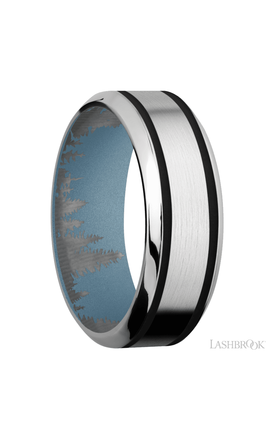 8 mm wide/High Bevel/Cobalt Chrome band with two 1 mm Wide inlays of Black also featuring a Polar Blue sleeve.