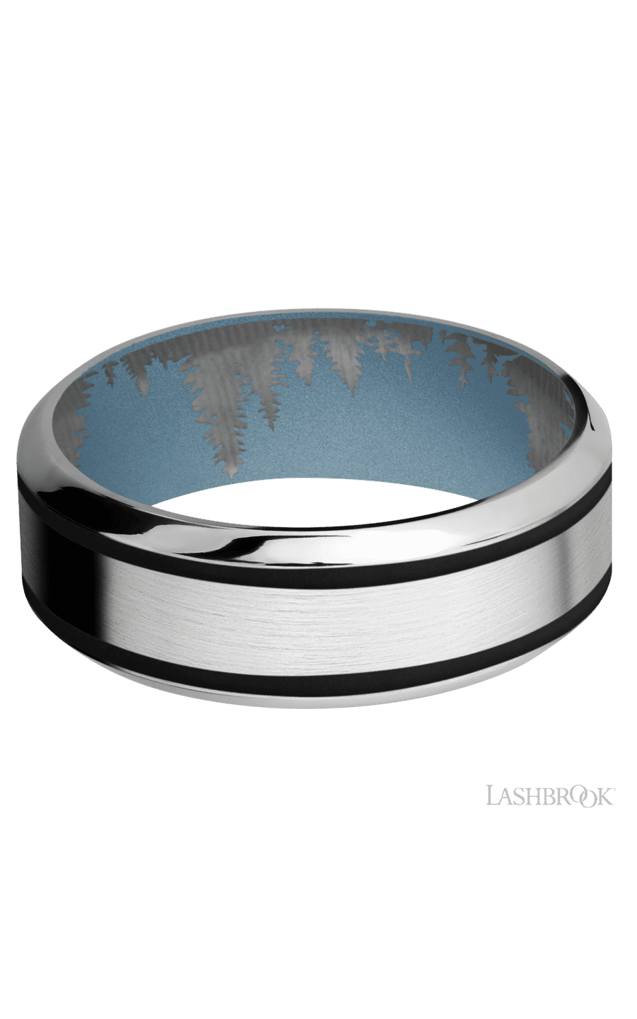 8 mm wide/High Bevel/Cobalt Chrome band with two 1 mm Wide inlays of Black also featuring a Polar Blue sleeve.