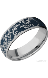7 mm wide/Domed/Titanium band with a laser carved Black Leaf pattern.