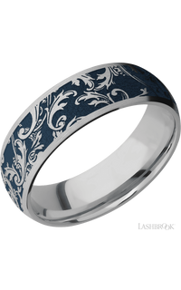 7 mm wide/Domed/Titanium band with a laser carved Black Leaf pattern.