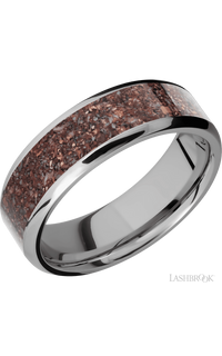 7 mm wide/Beveled/Titanium band with one 5 mm Centered inlay of Dinosaur Bone Mixed.