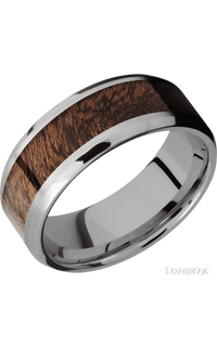 8 mm wide/Beveled/Titanium band with one 5 mm Centered inlay of Sapele.