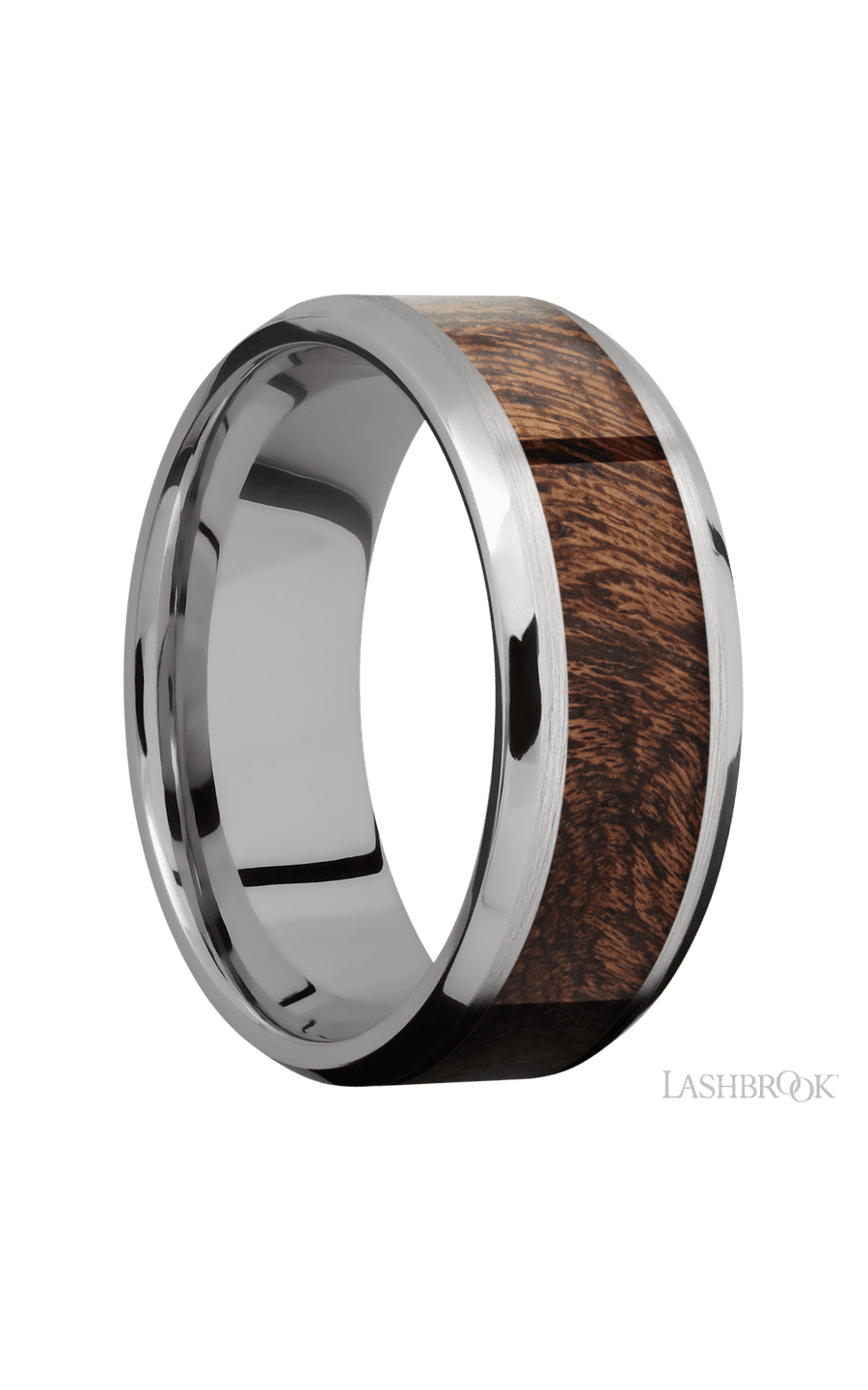 8 mm wide/Beveled/Titanium band with one 5 mm Centered inlay of Sapele.