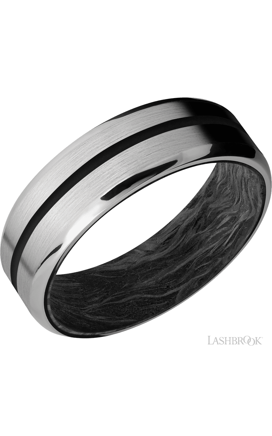 7 mm wide/Beveled/Titanium band with one 1 mm Centered inlay of Black also featuring a Forged Carbon Fiber sleeve.