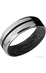 7 mm wide/Beveled/Titanium band with one 1 mm Centered inlay of Black also featuring a Forged Carbon Fiber sleeve.