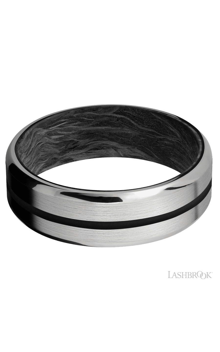 7 mm wide/Beveled/Titanium band with one 1 mm Centered inlay of Black also featuring a Forged Carbon Fiber sleeve.