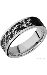 7 mm wide/Flat/Cobalt Chrome band with a laser carved Black Leaf pattern.