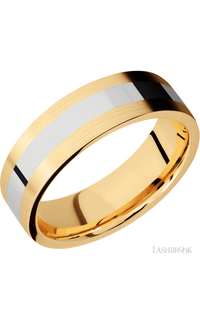 7 mm wide/Flat/14K Yellow Gold band with one 3 mm Centered inlay of 14K White Gold.