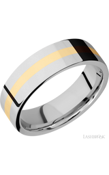 7 mm wide/Flat/14K White Gold band with one 2 mm Centered inlay of 14K Yellow Gold.