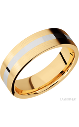 7 mm wide/Flat/14K Yellow Gold band with one 2 mm Centered inlay of 14K White Gold.