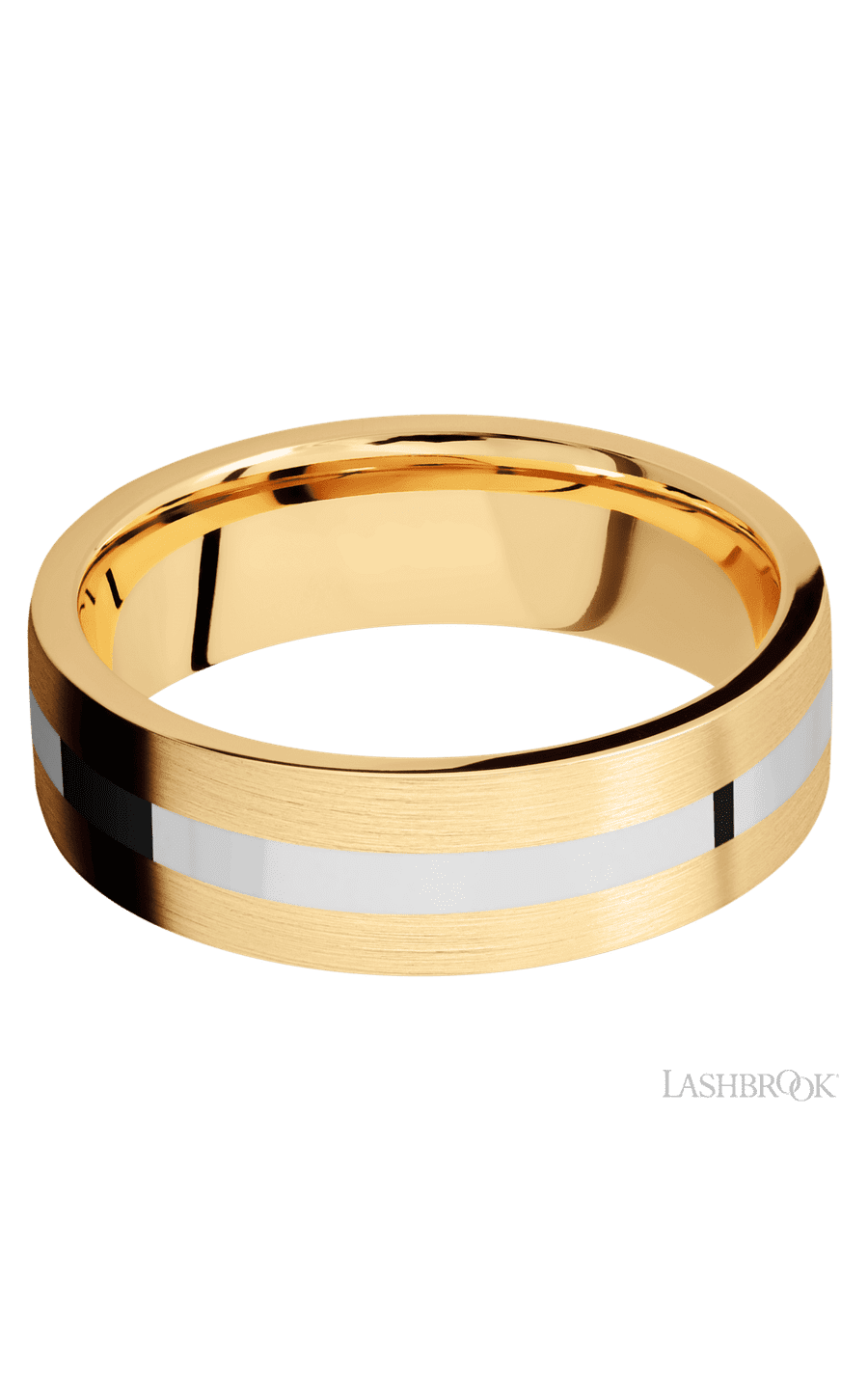 7 mm wide/Flat/14K Yellow Gold band with one 2 mm Centered inlay of 14K White Gold.