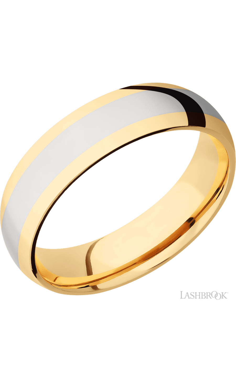 6 mm wide/Domed/14K Yellow Gold band with one 3 mm Centered inlay of 14K White Gold.