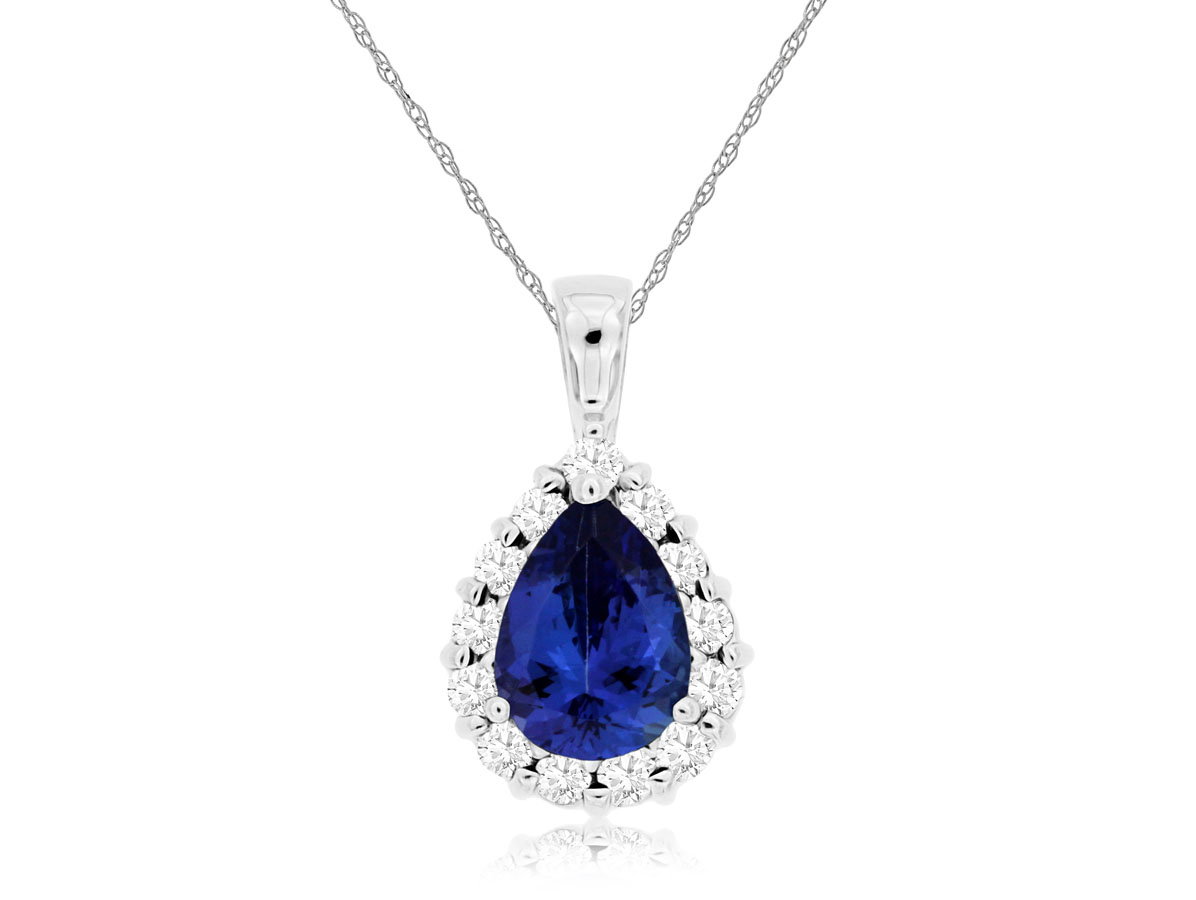 14K White Gold Pear Cut Tanzanite & Diamond Pendant Necklace by RJM