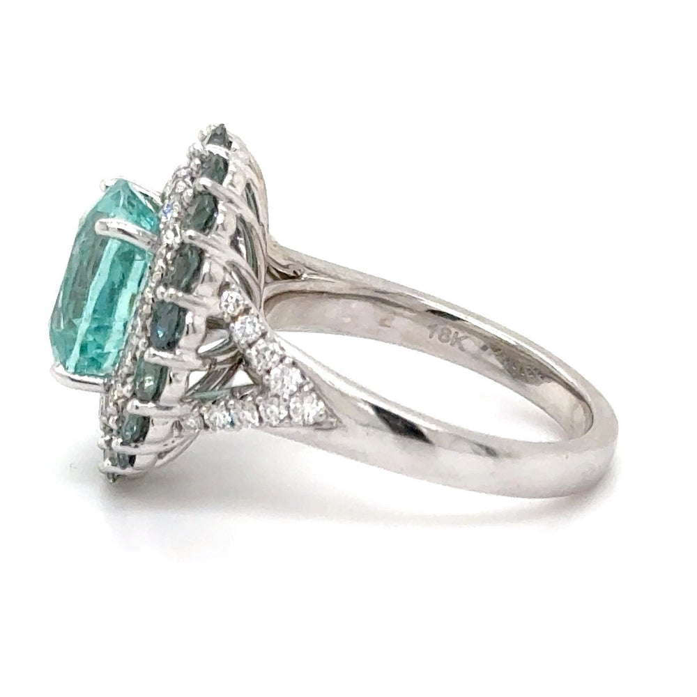 18K White Gold 4.30ct Cushion Cut Paraiba-Type Tourmaline and Natural Alexandrite Ring