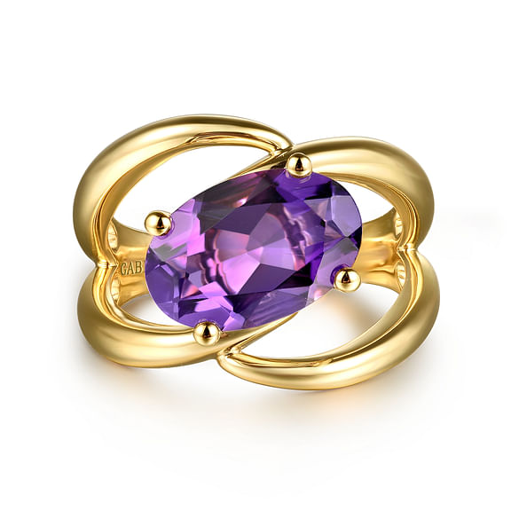 14K Yellow Gold Oval 3.81ct Amethyst Twist Ladies Ring by Gabriel & Co