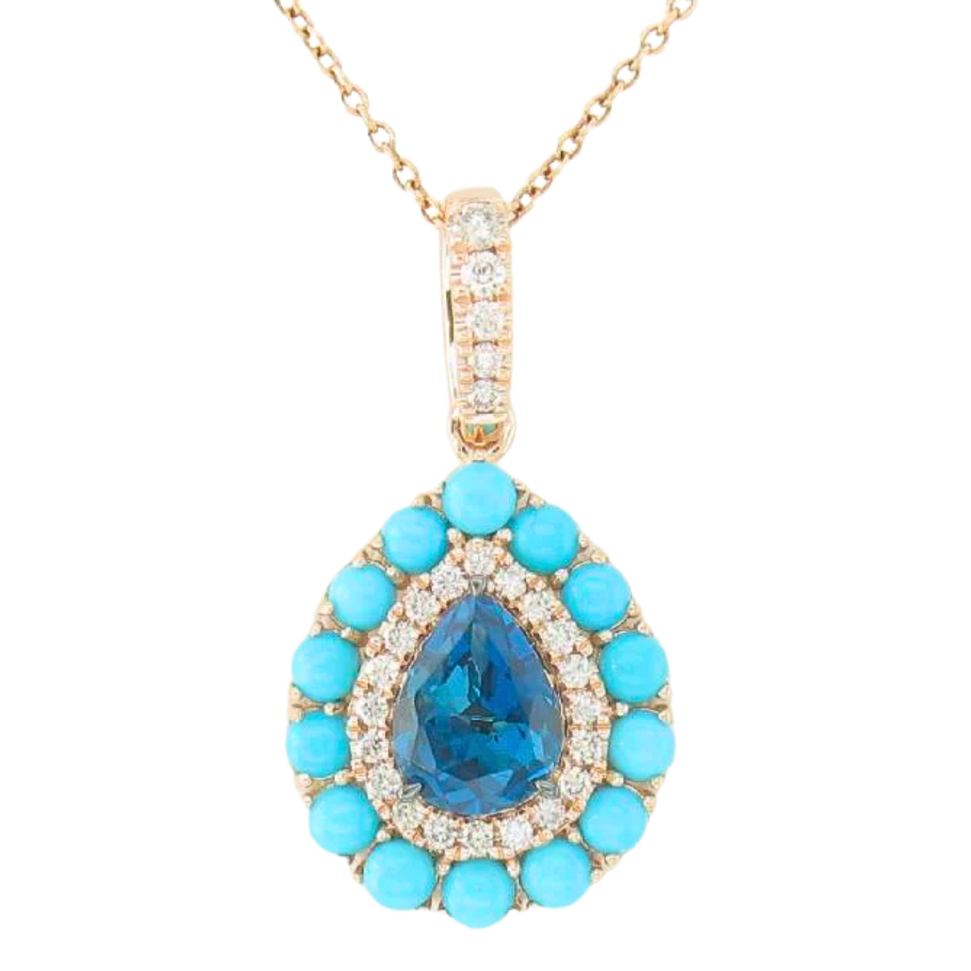 14K Strawberry Gold 0.22cttw Nude Diamond & 1.98cttw Deep Sea Blue Topaz & Robins Egg Blue Turquoise Pendant by LeVian