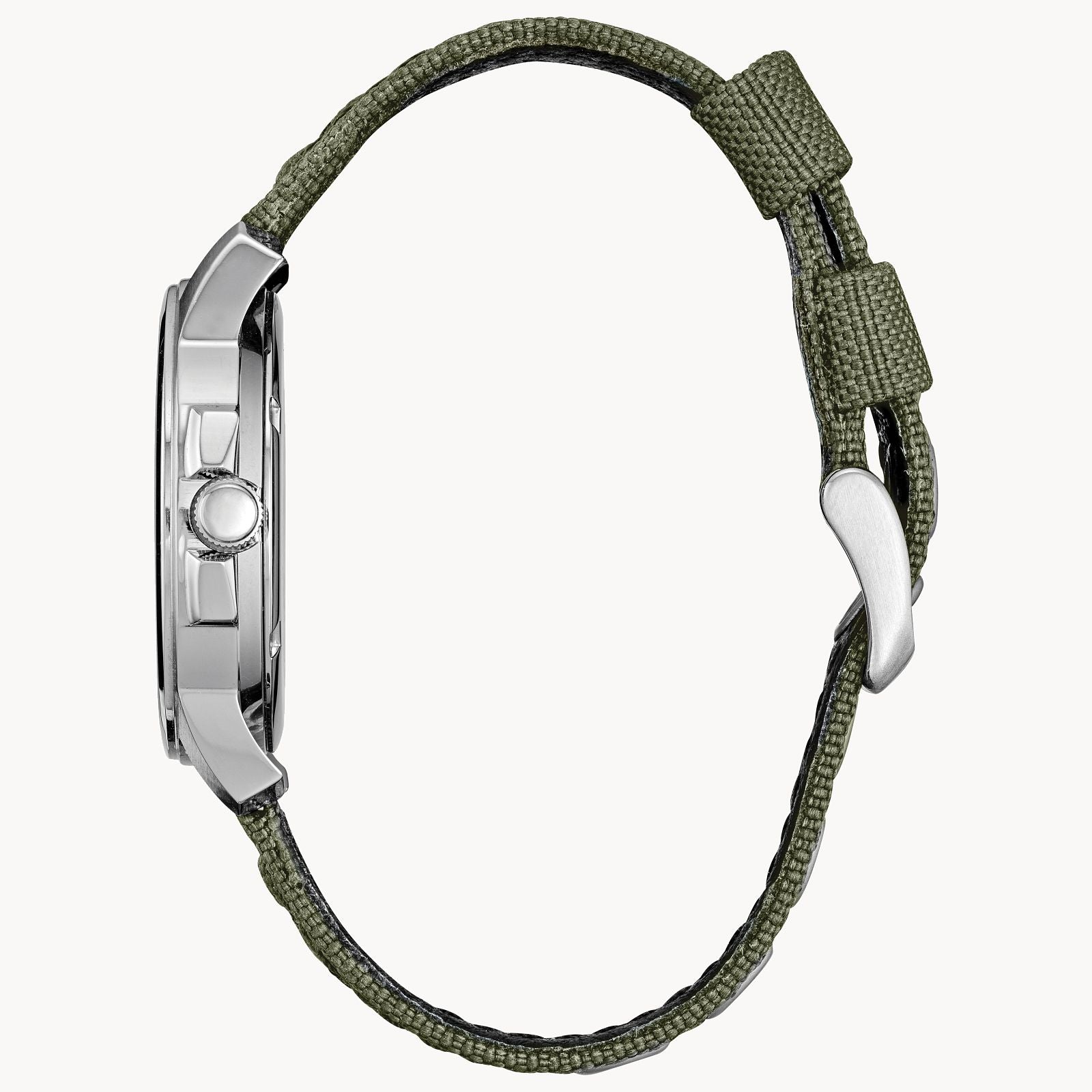 Citizen Stainless Steel Eco Drive Watch with Green Nylon Strap, Black Dial, Day & Date