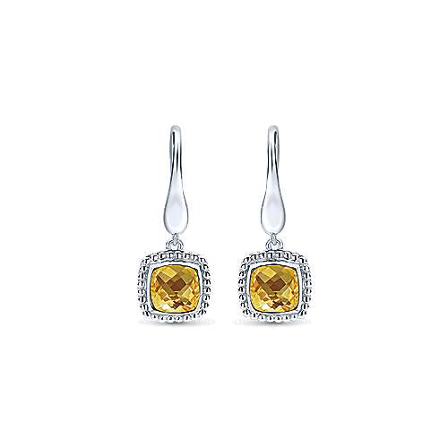 Sterling Silver Earrings with Cushion Cut Citrine Drop by Gabriel