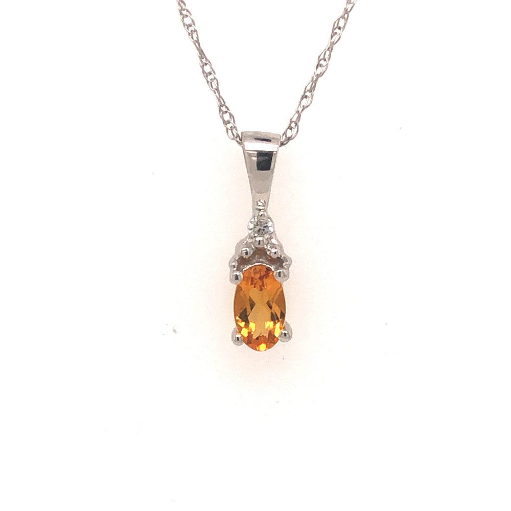 10K White Gold, Oval Citrine & Diamond Pendant & Chain