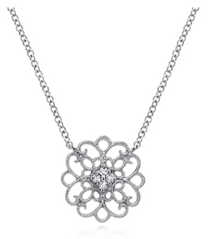 Sterling Silver Round Filigree 0.05cttw White Sapphire Pendant Necklace by Gabriel