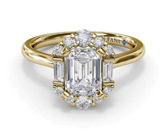 Yellow Gold Graduated Halo Emerald Diamond Semi-Mount Ring