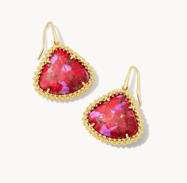 Kendrall Framed Gold Plated Large Drop Earrings in Bronze Veined Red & Fuchsia by Kendra Scott