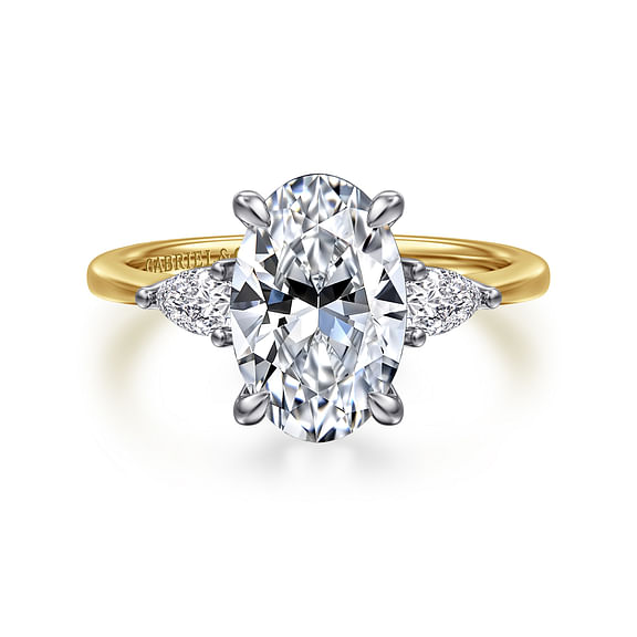 Sima - 14K White-Yellow Gold Oval Three Stone Diamond Engagement Ring