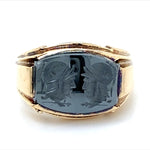Estate Gent's 10K YG Carved Hematite Intaglio Double Trojan Warrior Fashion Ring size 10