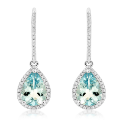 14K White Gold Pear Cut 2.10cttw Aquamarine & 0.22cttw Diamond Earrings