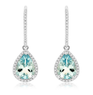 14K White Gold Pear Cut 2.10cttw Aquamarine & 0.22cttw Diamond Earrings