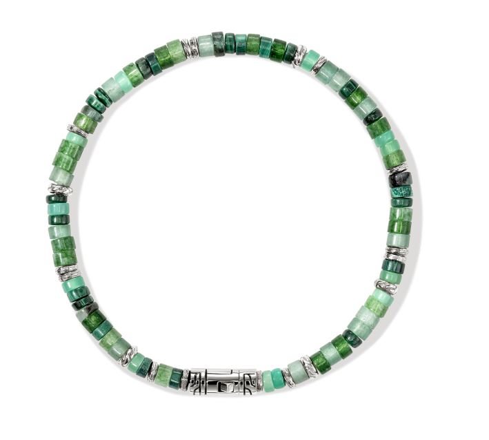 Heishi Silver 4mm Malachite, Treated Green Quarts, Green Aventurine, & Emerald Beads Bracelet by John Hardy