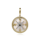 14K Yellow Gold 0.15cttw Diamond, 0.06cttw Blue Sapphire, & 4.39cttw White MOP Compass Medallion Pendant by Gabriel