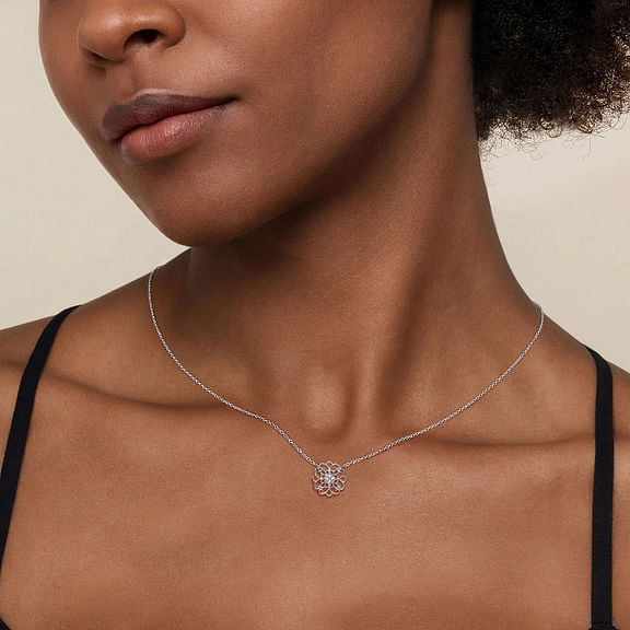 Sterling Silver Round Filigree 0.05cttw White Sapphire Pendant Necklace by Gabriel