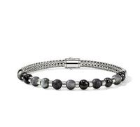 Men's Silver Bracelet with 6mm Treated Black Onyx, Matte Hematite & Eagle Eye by John Hardy Sz UL