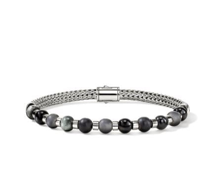 Men's Silver Bracelet with 6mm Treated Black Onyx, Matte Hematite & Eagle Eye by John Hardy Sz UL