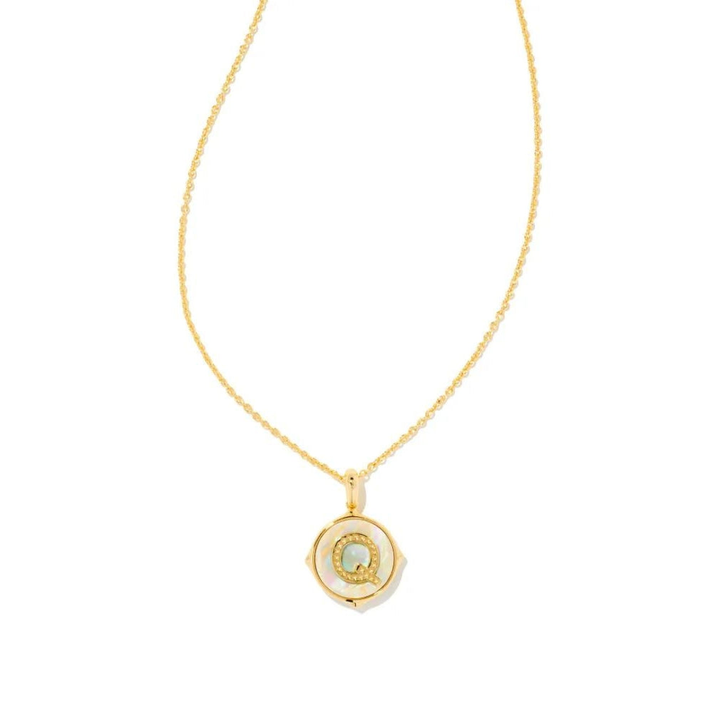 Letter Q Gold Plated Disc Reversible Necklace in Iridescent Abalone by Kendra Scott