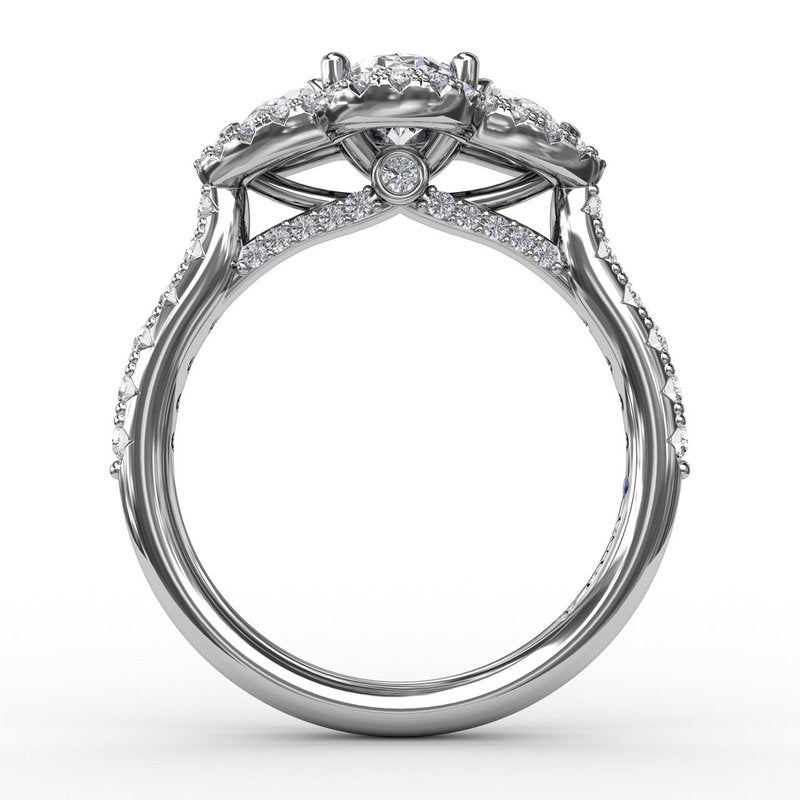 Three-Stone Round Diamond Halo Engagement Semi-Mount Ring by Fana