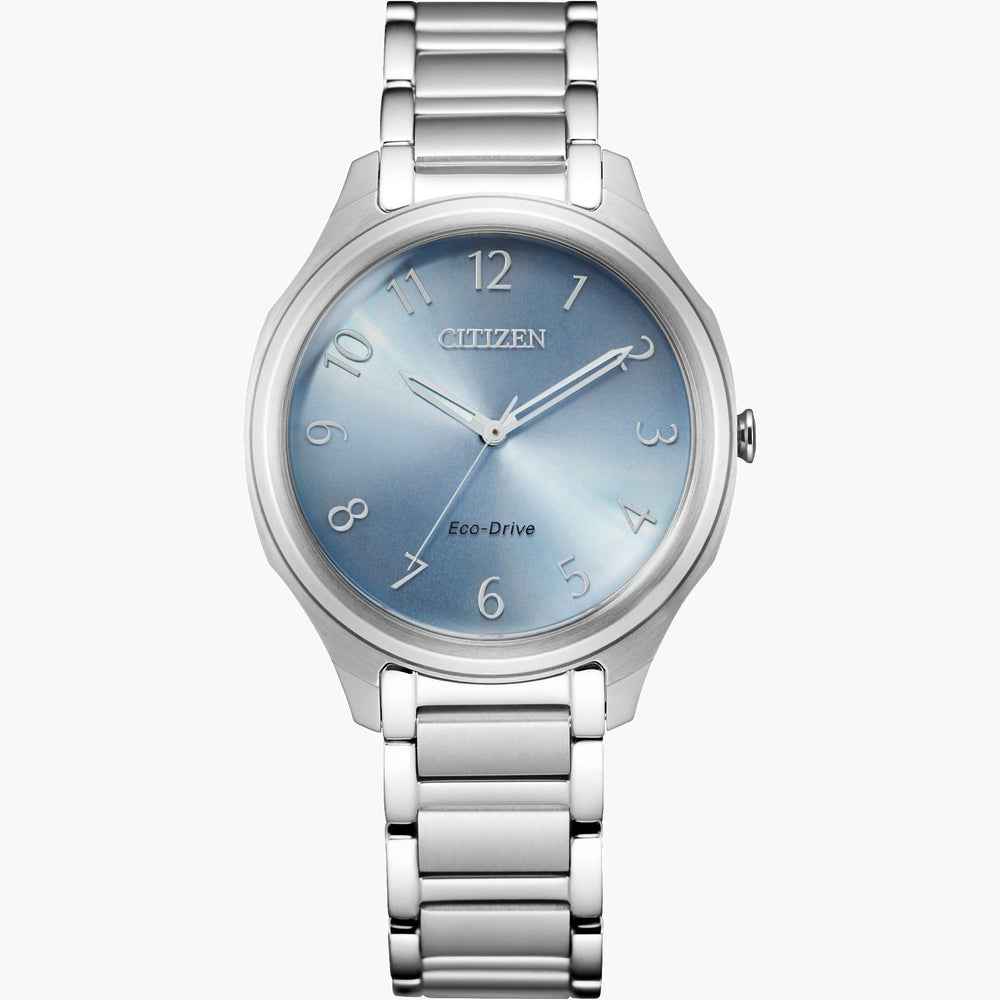 Ladies Stainless Citizen Eco Drive with Numbers and Blue Dial