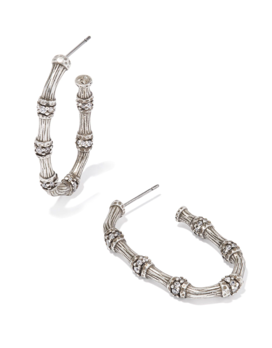 Maura Vintage Silver White Crystal Bamboo Hoop Earrings by Kendra Scott