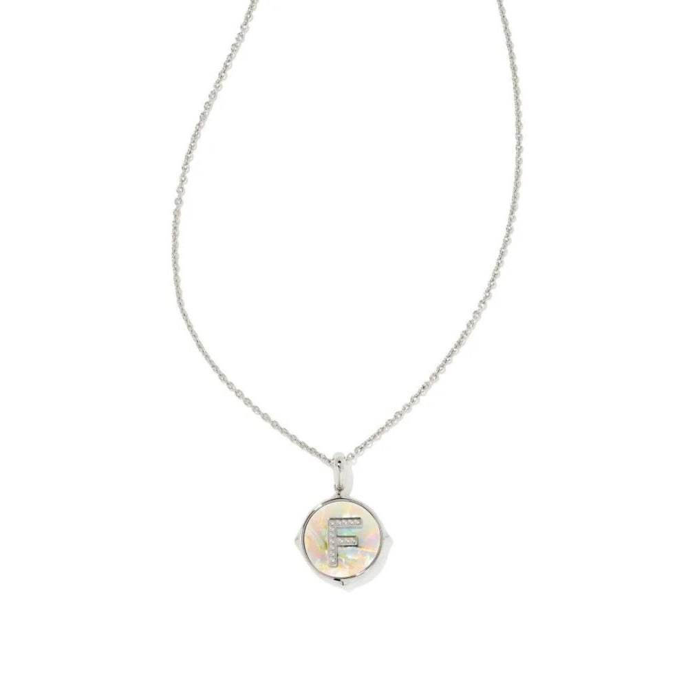 Letter F Silver Plated Disc Reversible Necklace in Iridescent Abalone by Kendra Scott
