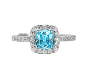 Radiance  Cushion Cut Blue & Clear Cubic Zirconia Halo Ring by ELLE