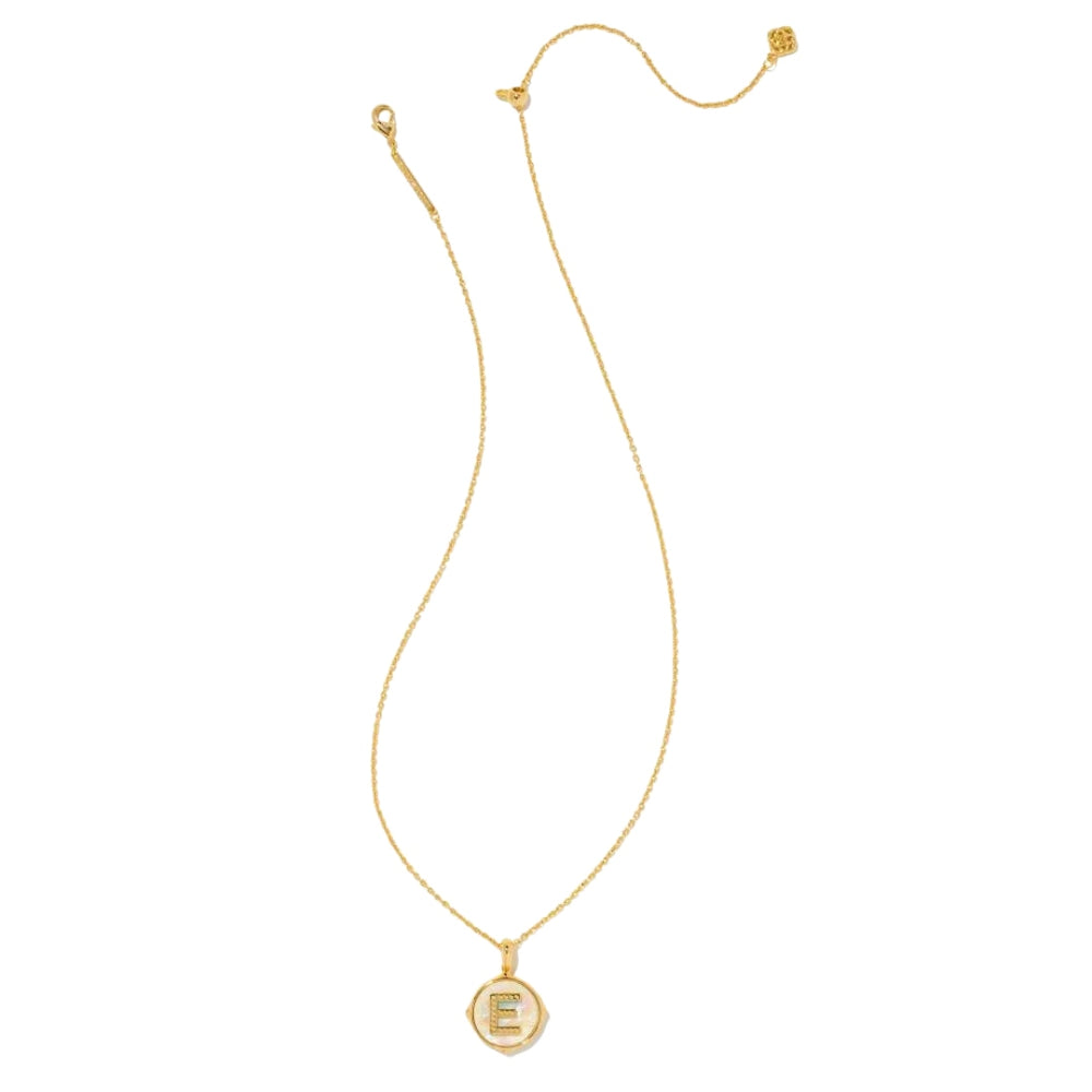 Letter E Gold Disc Pendant in Iridescent Abalone by Kendra Scott