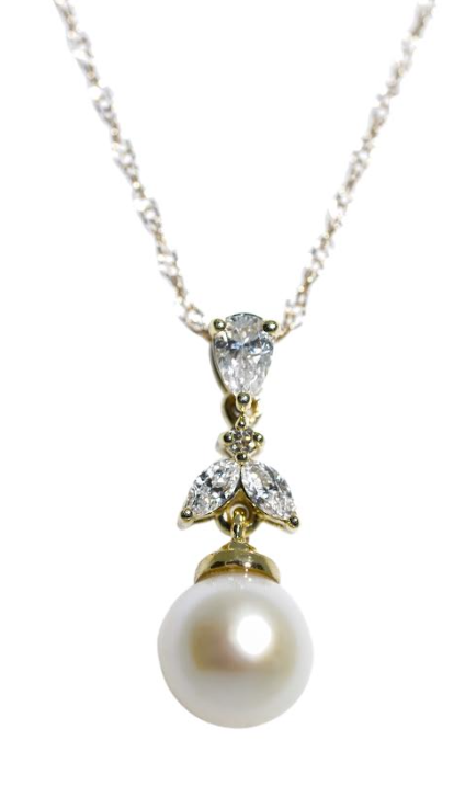 14K Yellow Gold Pearl & 0.19cttw Diamond Pendant Necklace by RJM