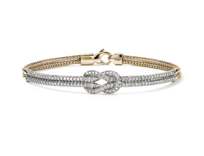 Love Knot 14K Gold Diamond Pave Station 3.6mm Chain Double Row Bracelet Sz UM by John Hardy